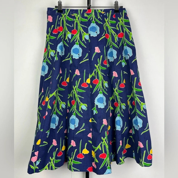 Vintage Sanibel Sport Blue Tulip Floral Button Up Pleated A-Line Skirt - Picture 4 of 7